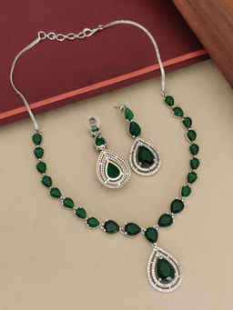 Abdesigns - Green Elegant Silver Plated Flower American Diamond Necklace with Earrings