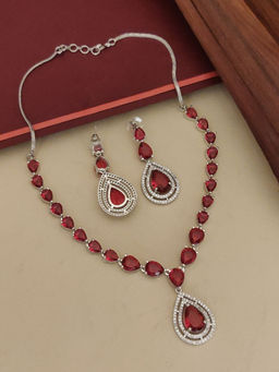 Abdesigns - Red Elegant Silver Plated Flower American Diamond Necklace with Earrings
