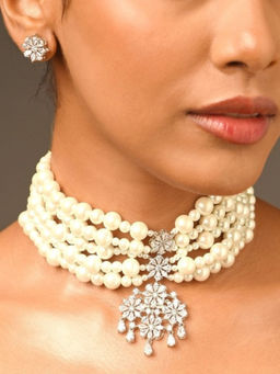 Abdesigns - White Enchanting Silver Plated Polki American Diamond Necklace with Earrings