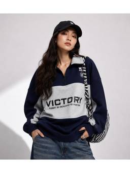MIXT by Nykaa Fashion - Women Typography Colorblock Fleece Zip Neck Sweatshirt