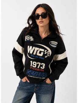 MIXT by Nykaa Fashion - Women Graphic Printed Fleece Half Zip Oversized Sweatshirt