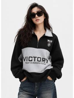 MIXT by Nykaa Fashion - Women Typography Colorblock Fleece Half Zip Sweatshirt