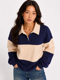 MIXT by Nykaa Fashion - Women Navy Blue Colorblock Collared Fleece Sweatshirt