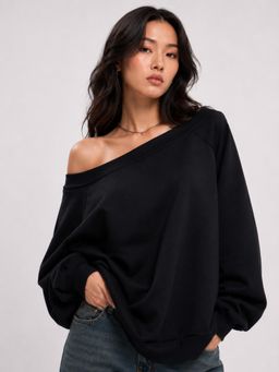 MIXT by Nykaa Fashion - Women Solid Off-Shoulder Oversized Fleece Sweatshirt