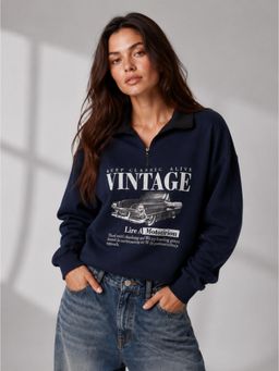 MIXT by Nykaa Fashion - Women Graphic Printed Fleece Half Zip Oversized Sweatshirt