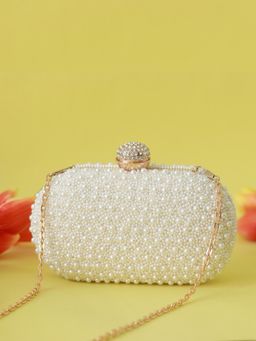 THE TAN CLAN - White Pearl Clutch with Detachable Chain Strap