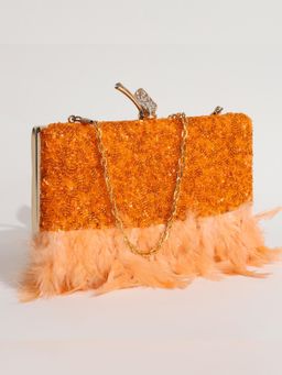THE TAN CLAN - Peach Feather Embellished Clutch with Detachable Chain Strap