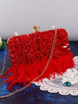 THE TAN CLAN - Red Feather Sequined Clutch with Detachable Chain Strap
