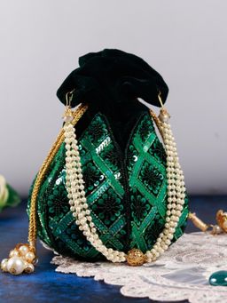 THE TAN CLAN - Green Sequined Potli with Detachable Handle