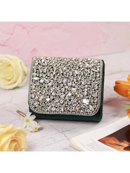 THE TAN CLAN - Green Embellished Clutch Bag with Detachable Handle