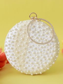 THE TAN CLAN - White Pearl Embellished Clutch with Detachable Chain Strap