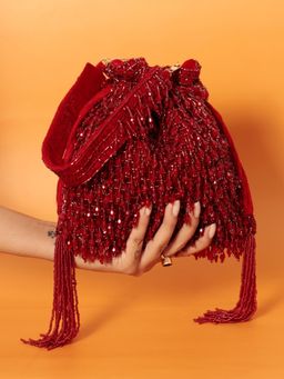THE TAN CLAN - Red Beaded Embellished Potli with Detachable Handle