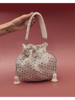 THE TAN CLAN - White Sequined Potli Bag with Detachable Handle