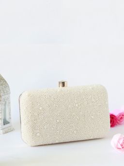 THE TAN CLAN - White Pearl Embellished Clutch with Detachable Chain Strap