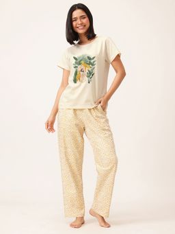 Clovia - Cotton Printed Top And Pyjama Beige (Set of 2)