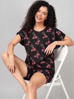 Clovia - Rayon Printed Top And Shorts Black (Set of 2)