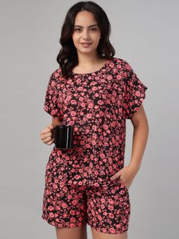 Clovia - Rayon Printed Top And Shorts Black (Set of 2)