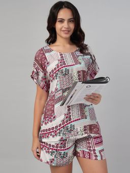 Clovia - Rayon Printed Top And Shorts White (Set of 2)