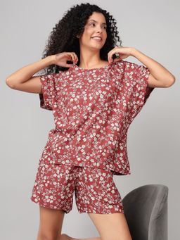 Clovia - Crepe Floral Printed Top And Shorts Brown (Set of 2)