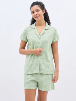 Clovia - Cotton Printed Shirt And Shorts Green (Set of 2)