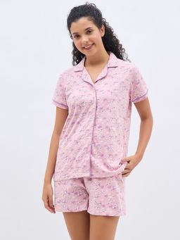 Clovia - Cotton Printed Shirt And Shorts Pink (Set of 2)