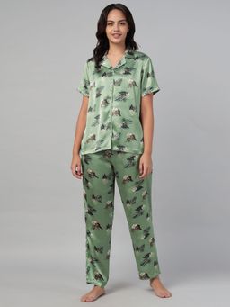 Clovia - Satin Printed Shirt And Pyjama Green (Set of 2)
