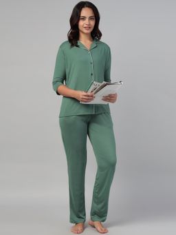 Clovia - Poly-Spandex Solid Shirt And Pyjama Green (Set of 2)