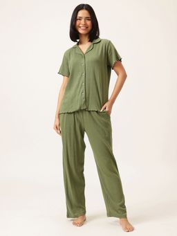 Clovia - Cotton Solid Shirt And Pyjama - Olive Green (Set of 2)