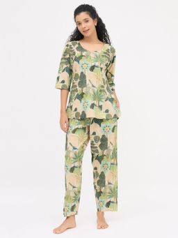 Clovia - Cotton Printed Top And Pyjama Green (Set of 2)