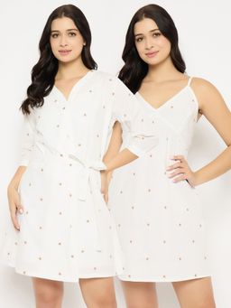 Clovia - Cotton Printed Short Night Dress And Robe (Set of 2)
