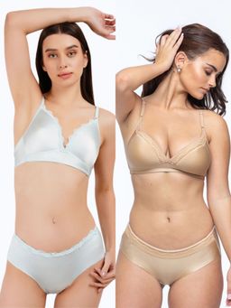 Curwish - Scoop Loop Beautiful Bra With Panty Blue And Golden (Pack of 2)