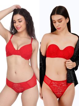 Curwish - Fiery Sauce Lacy Red Wonder Duo Bra With Panty (Pack of 2)
