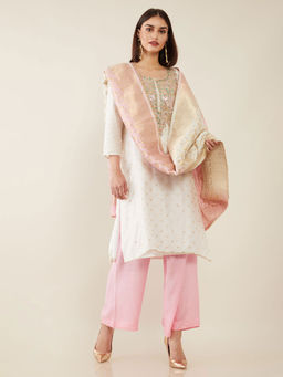 Soch - Cream Hand Embroidery Chanderi Unstitched Dress Material - 3 Meter Kurta Fabric