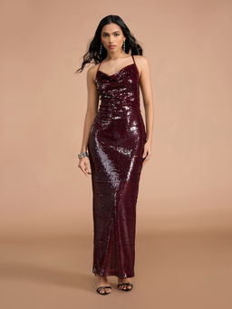 RSVP by Nykaa Fashion - Maroon Sequin Strappy Cowl Neck Back Slit Gown