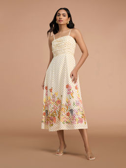 RSVP by Nykaa Fashion - Cream Strappy Floral Fit and Flare Midi Dress