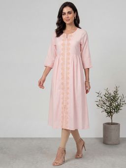 R&B - Pink Embroidered Round Neck A-Line Kurta