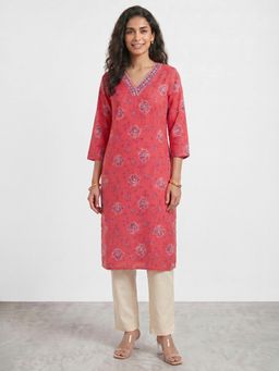 R&B - Coral Floral Printed V-Neck Straight Kurta