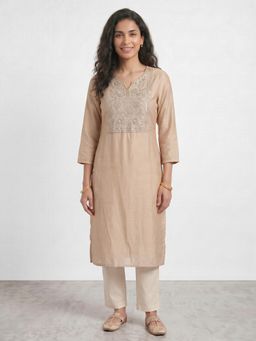 R&B - Beige Embroidered Straight Kurta