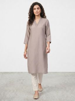 R&B - Grey Solid Embroidered V-Neck Straight Kurta