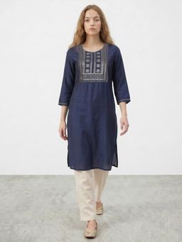 R&B - Navy Blue Embroidered Round Neck Straight Kurta