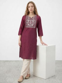 R&B - Maroon Embroidered Round Neck Straight Kurta