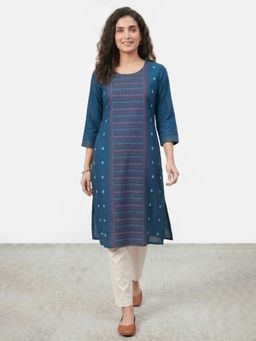 R&B - Navy Blue Printed Round Neck Straight Kurta