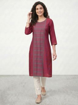 R&B - Maroon Printed Round Neck Straight Kurta