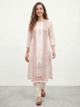 R&B - Off White Printed Round Neck Straight Kurta