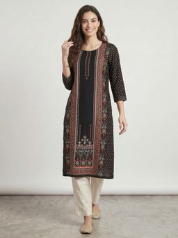 R&B - Black Printed Round Neck Straight Kurta