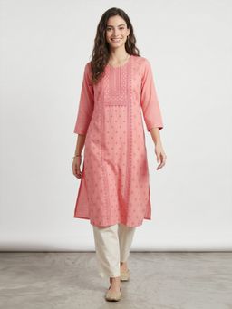 R&B - Peach Bandhani Printed Round Neck Straight Kurta