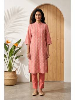 Aurelia - Peach Floral Printed Pure Cotton Straight Kurta