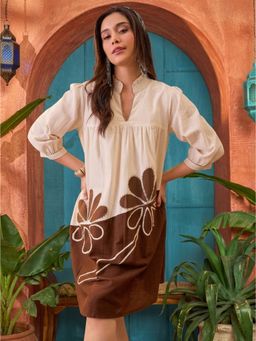 Stylum - Brown-Cream Floral Printed Cotton A-Line Dress