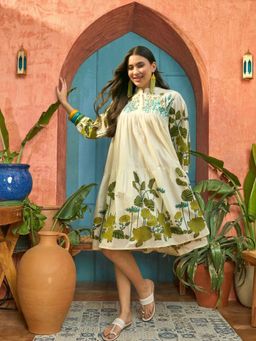 Stylum - Cream Floral Embroidered Rayon Tiered Dress