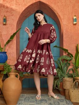 Stylum - Maroon Boho Block Printed Cotton Tiered Dress